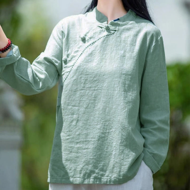 Bottone con nodo del colletto obliquo con Buddha Stones, abbigliamento in lino largo - image 4