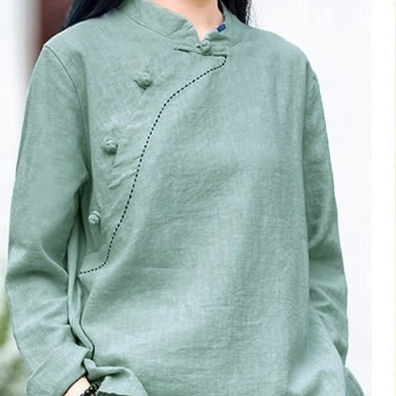 Bottone con nodo del colletto obliquo con Buddha Stones, abbigliamento in lino largo - image 2