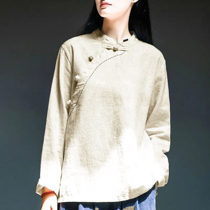 Bottone con nodo del colletto obliquo con Buddha Stones, abbigliamento in lino largo - Bianco - US12, UK/AU16, EU44 (4XL) - image 11