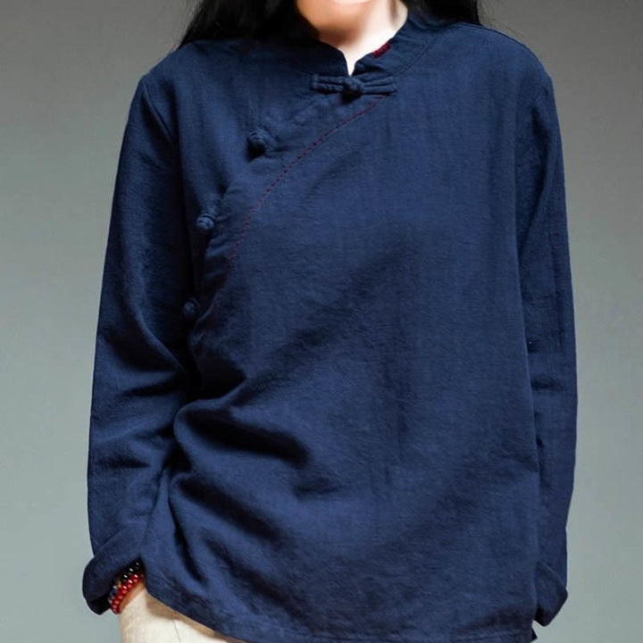 Bottone con nodo del colletto obliquo con Buddha Stones, abbigliamento in lino largo - image 13