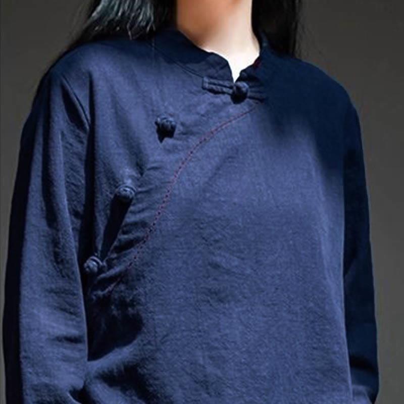 Bottone con nodo del colletto obliquo con Buddha Stones, abbigliamento in lino largo - image 19