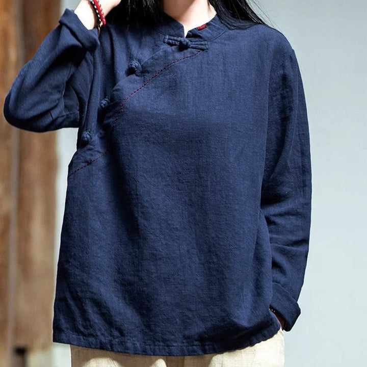 Bottone con nodo del colletto obliquo con Buddha Stones, abbigliamento in lino largo - image 17