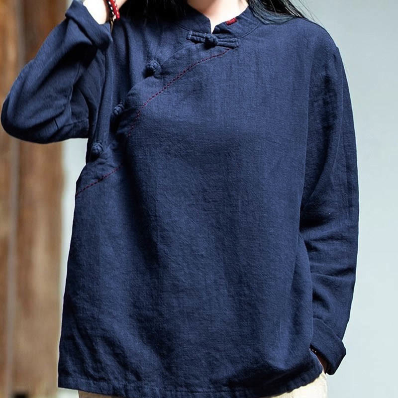 Bottone con nodo del colletto obliquo con Buddha Stones, abbigliamento in lino largo - image 20