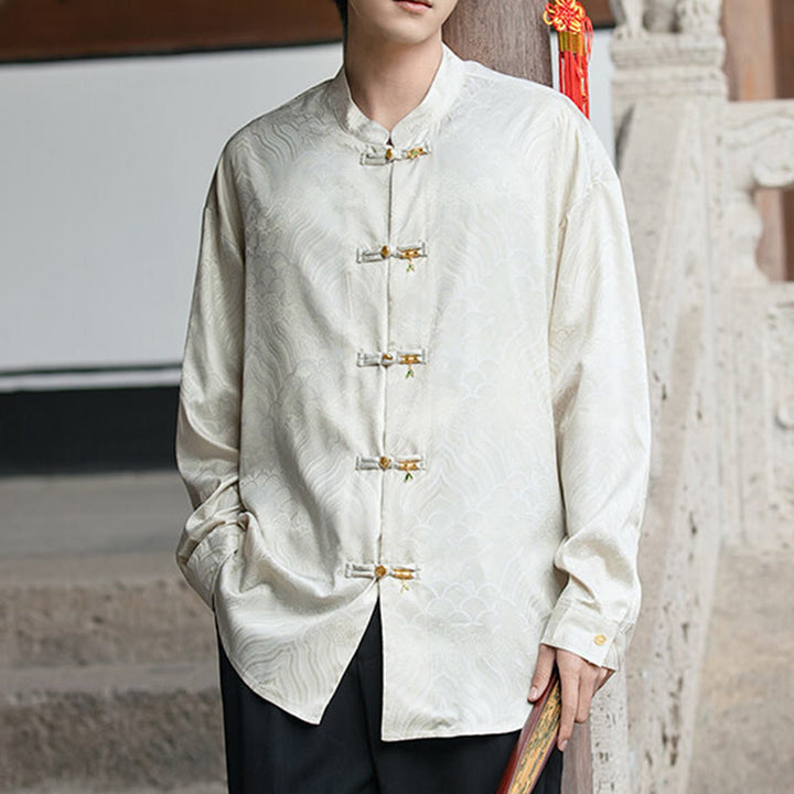 Camicia da uomo a maniche lunghe con colletto rialzato, motivo a forma di rana cinese con bottoni in bambù Buddha Stones - image 8