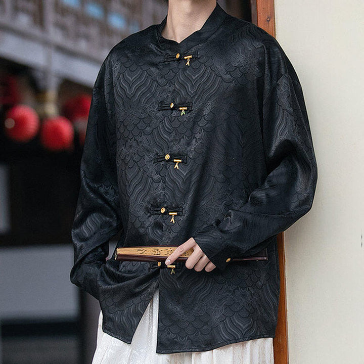 Camicia da uomo a maniche lunghe con colletto rialzato, motivo a forma di rana cinese con bottoni in bambù Buddha Stones - image 13