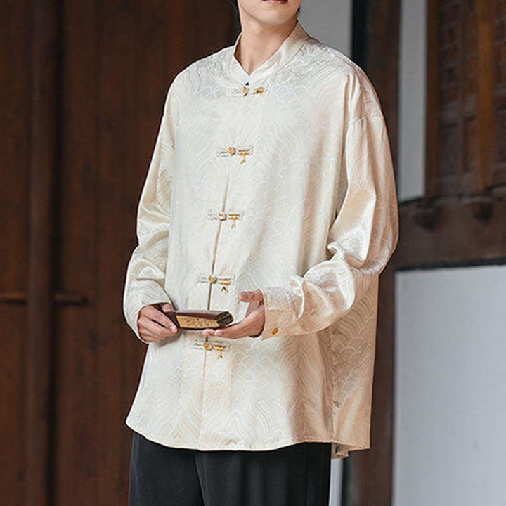 Camicia da uomo a maniche lunghe con colletto rialzato, motivo a forma di rana cinese con bottoni in bambù Buddha Stones - image 5