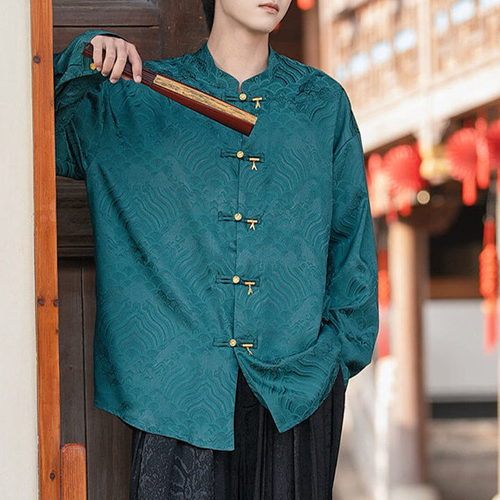 Camicia da uomo a maniche lunghe con colletto rialzato, motivo a forma di rana cinese con bottoni in bambù Buddha Stones - image 31