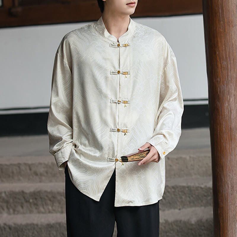 Camicia da uomo a maniche lunghe con colletto rialzato, motivo a forma di rana cinese con bottoni in bambù Buddha Stones - image 1
