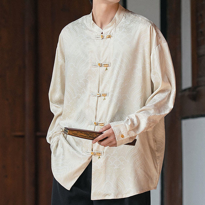 Camicia da uomo a maniche lunghe con colletto rialzato, motivo a forma di rana cinese con bottoni in bambù Buddha Stones - Beige - US/UK/AU46, EU56 (5XL) - image 0