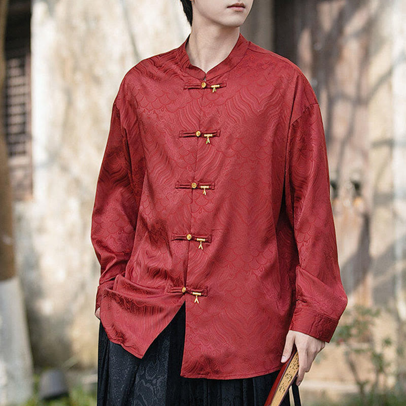 Camicia da uomo a maniche lunghe con colletto rialzato, motivo a forma di rana cinese con bottoni in bambù Buddha Stones - image 20