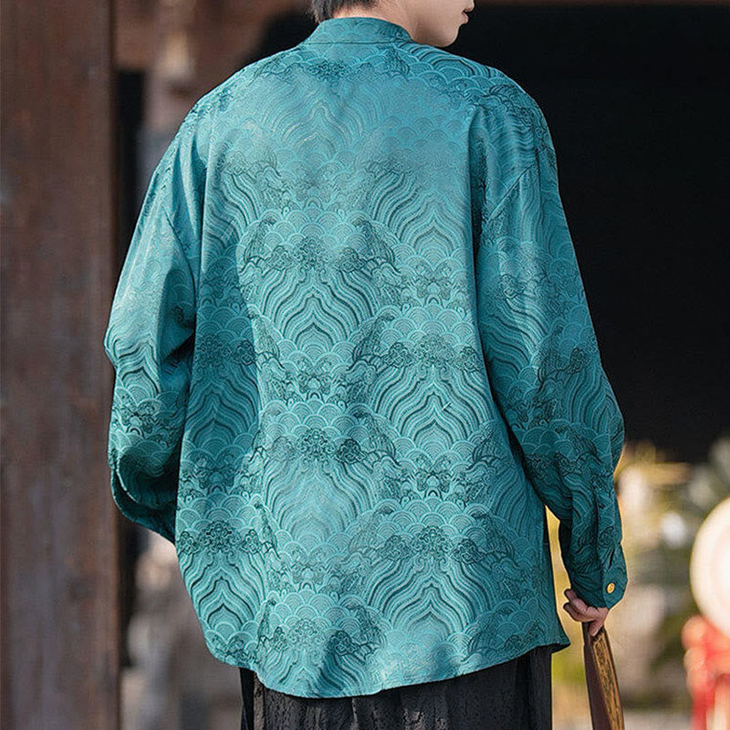Camicia da uomo a maniche lunghe con colletto rialzato, motivo a forma di rana cinese con bottoni in bambù Buddha Stones - image 29
