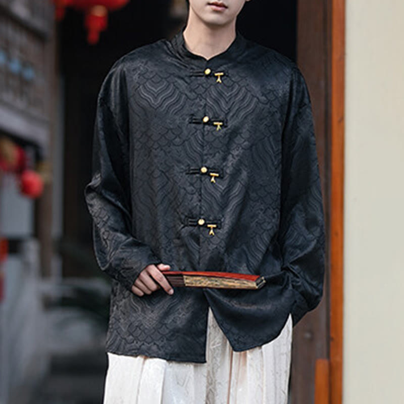 Camicia da uomo a maniche lunghe con colletto rialzato, motivo a forma di rana cinese con bottoni in bambù Buddha Stones - image 12