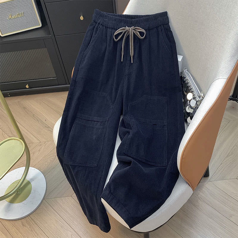 Pantaloni harem in velluto a coste di cotone con coulisse e tasche, da donna, Buddha Stones, autunnali, in tinta unita - Blu notte - US8-10, UK/AU12-14, EU40-42 (2XL) - image 3