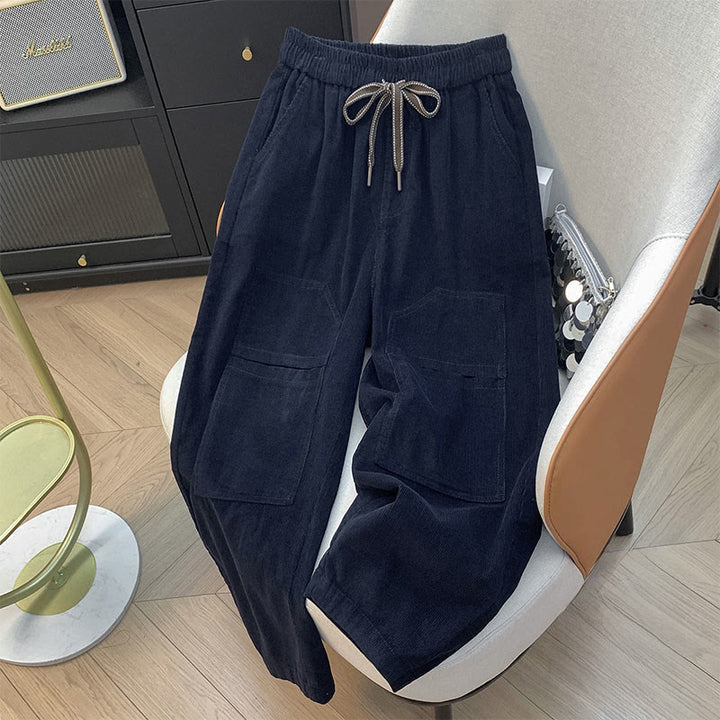 Pantaloni harem in velluto a coste di cotone con coulisse e tasche, da donna, Buddha Stones, autunnali, in tinta unita - Blu notte - US8-10, UK/AU12-14, EU40-42 (2XL) - image 3