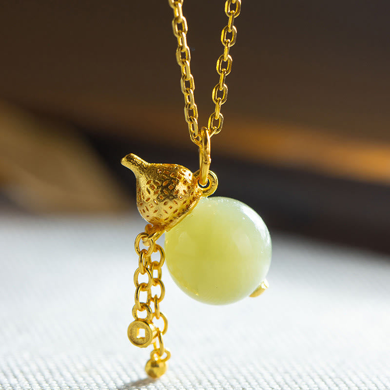 Collana con ciondolo in giada Hetian con ciondolo a forma di zucca in argento sterling 925 Buddha Stones , simbolo di fortuna e abbondanza - Giada e argento sterling 925 - image 0