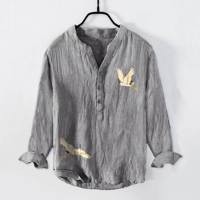 Camicia da uomo in cotone e lino a maniche lunghe con motivo a Buddha Stones , sole rosso, pino e bottoni a metà - image 1