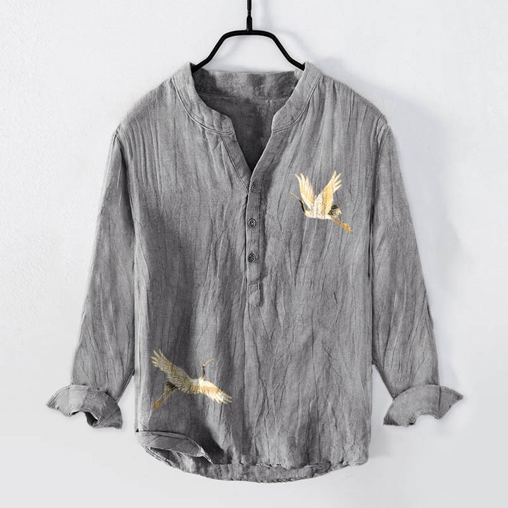 Camicia da uomo in cotone e lino a maniche lunghe con motivo a Buddha Stones , sole rosso, pino e bottoni a metà - image 1
