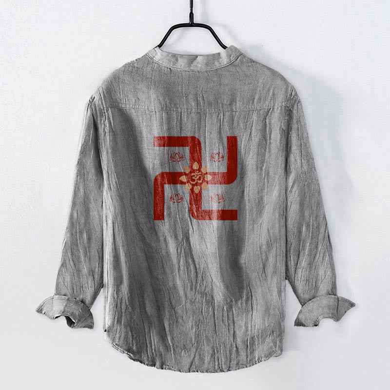 Camicia da uomo in cotone e lino a maniche lunghe con bottoni a mezzo bottone, motivo con simbolo Om e svastica e pietre Buddha Stones - image 5