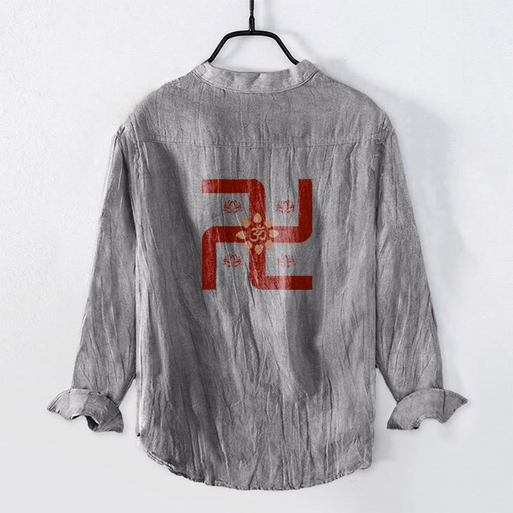 Camicia da uomo in cotone e lino a maniche lunghe con bottoni a mezzo bottone, motivo con simbolo Om e svastica e pietre Buddha Stones - image 5
