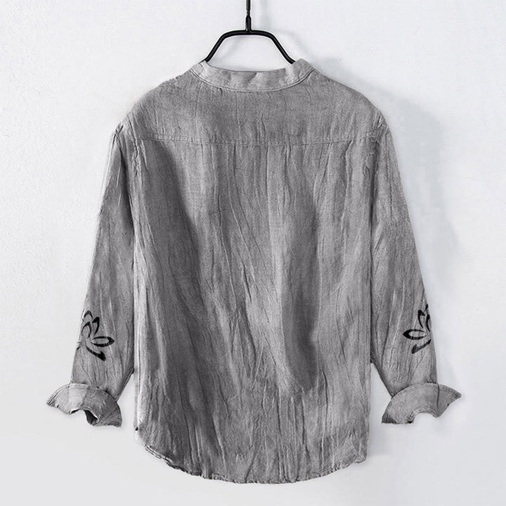 Camicia da uomo in cotone e lino a maniche lunghe con stampa del simbolo del loto Om e bottoni mezzi Buddha Stones - image 1