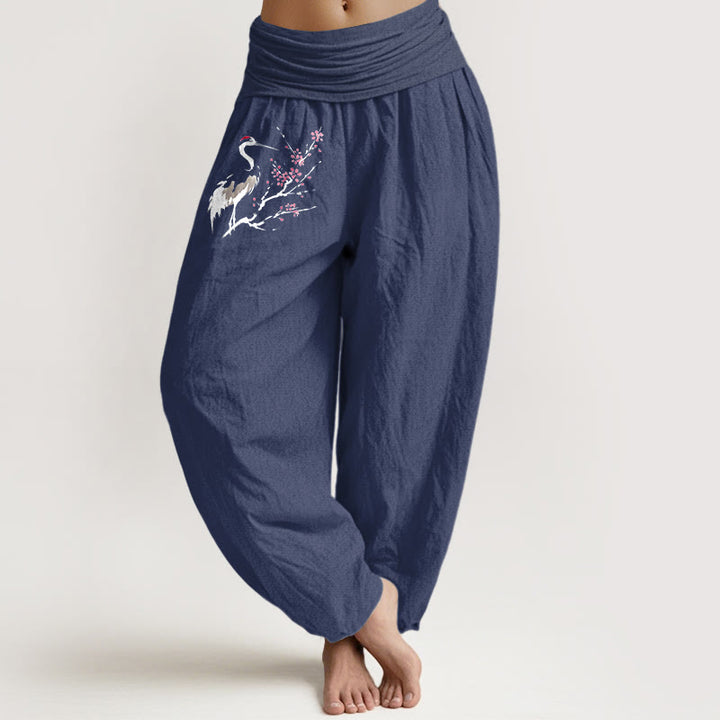 Pantaloni harem in puro cotone con elastico in vita e motivo a gru e rami in fiore, motivo Buddha Stones - DarkSlateBlue - US22, UK/AU26, EU54 (6XL) - image 0