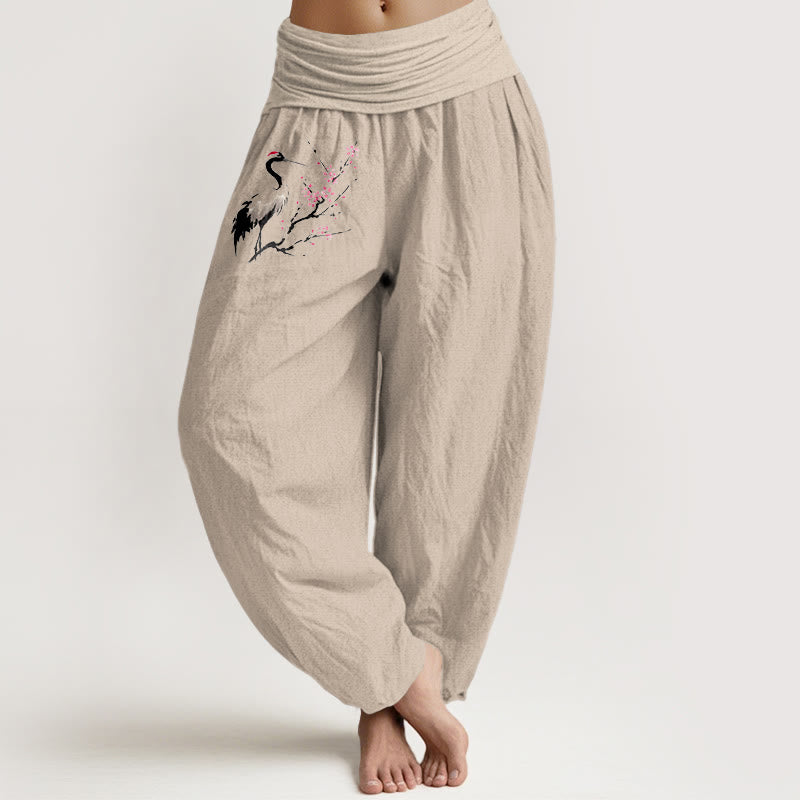 Pantaloni harem in puro cotone con elastico in vita e motivo a gru e rami in fiore, motivo Buddha Stones - Abbronzatura - US22, UK/AU26, EU54 (6XL) - image 11
