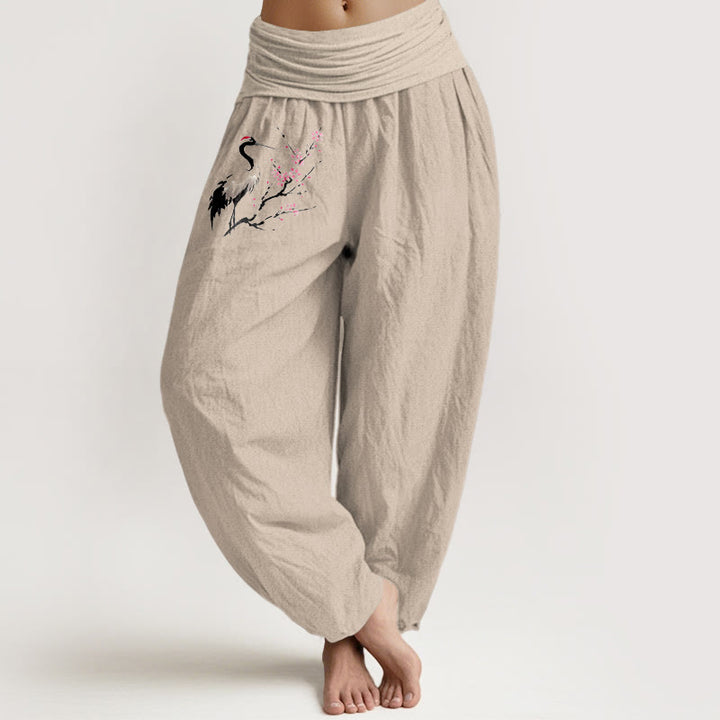 Pantaloni harem in puro cotone con elastico in vita e motivo a gru e rami in fiore, motivo Buddha Stones - Abbronzatura - US22, UK/AU26, EU54 (6XL) - image 11