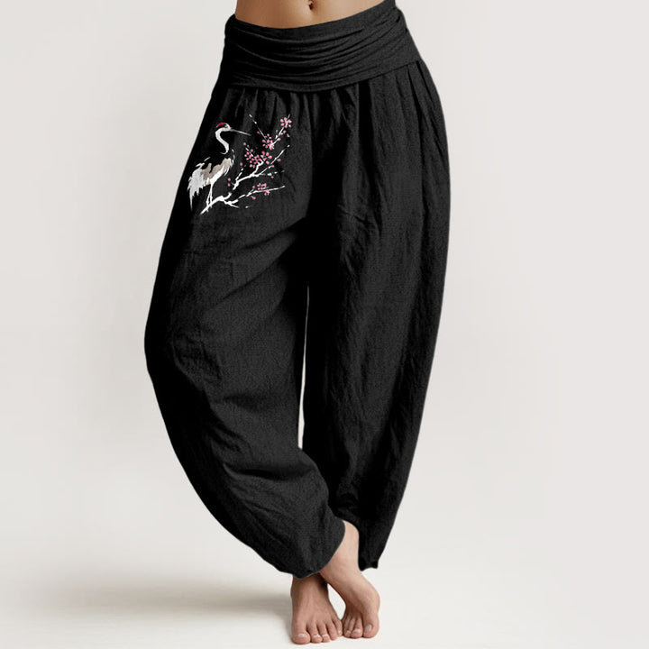 Pantaloni harem in puro cotone con elastico in vita e motivo a gru e rami in fiore, motivo Buddha Stones - Nero - US22, UK/AU26, EU54 (6XL) - image 5