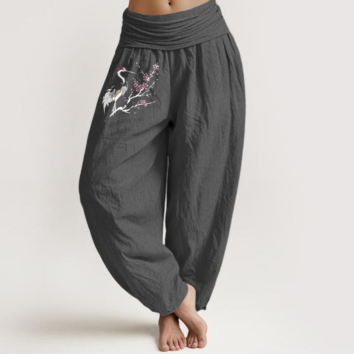 Pantaloni harem in puro cotone con elastico in vita e motivo a gru e rami in fiore, motivo Buddha Stones - Grigio scuro - US22, UK/AU26, EU54 (6XL) - image 8