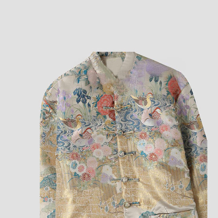 Giacca da uomo a maniche lunghe con bottoni a rana, motivo : Buddha Stones Mandarin Duck Peony Flower e tasche - image 2