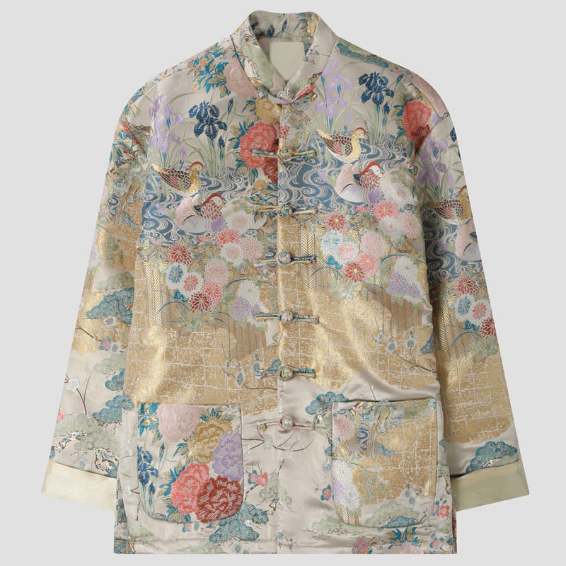 Giacca da uomo a maniche lunghe con bottoni a rana, motivo : Buddha Stones Mandarin Duck Peony Flower e tasche - Biancheria - US/UK/AU44, EU54 (4XL) - image 0