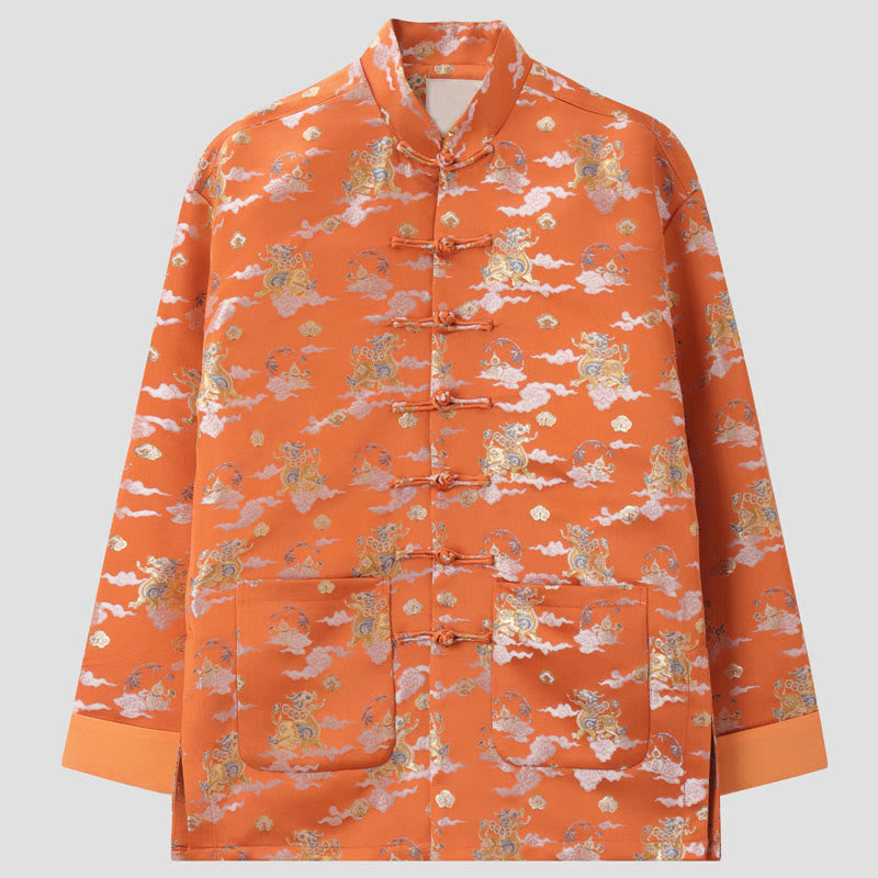 Giacca da uomo a maniche lunghe con tasche, bottoni a rana , Buddha Stones arancioni, nuvole di buon auspicio, Kirin - Arancione scuro - US/UK/AU44, EU54 (4XL) - image 0