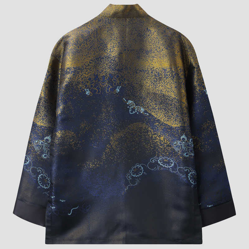 Giacca da uomo a maniche lunghe con bottoni a rana, tasche e motivo Buddha Stones Golden Desert Blue Flowers - image 1