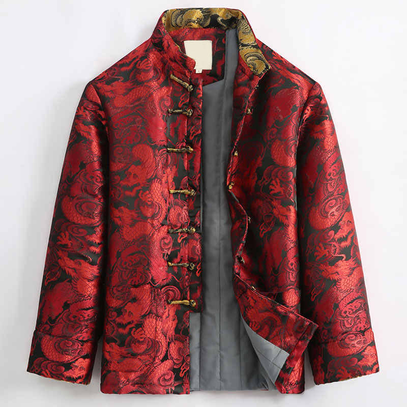Giacca da uomo a maniche lunghe con tasche, motivo drago invernale in jacquard con bottoni a rana Buddha Stones - Rosso - US/UK/AU44, EU54 (4XL) - image 13