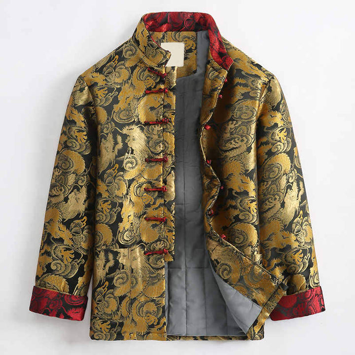 Giacca da uomo a maniche lunghe con tasche, motivo drago invernale in jacquard con bottoni a rana Buddha Stones - Verga d'oro - US/UK/AU44, EU54 (4XL) - image 0