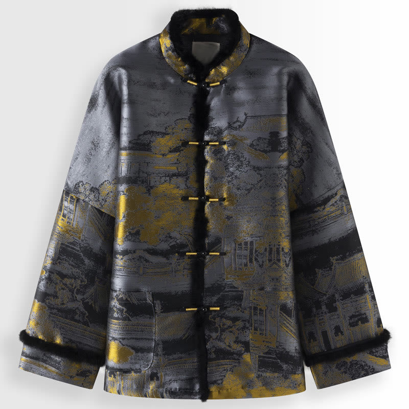 Giacca da uomo a maniche lunghe con bottoni, tasche, Buddha Stones , edifici antichi, alberi e rana - Grigio - US/UK/AU44, EU54 (4XL) - image 0