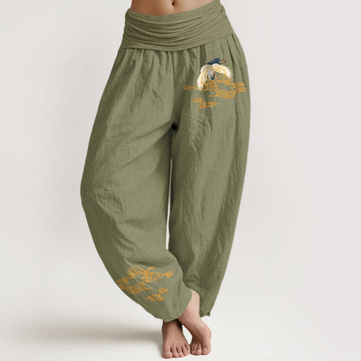 Pantaloni harem in cotone con elastico in vita, motivo Buddha Stones Plain Crane e nuvole di buon auspicio, da donna - Verde oliva - US22, UK/AU26, EU54 (6XL) - image 14