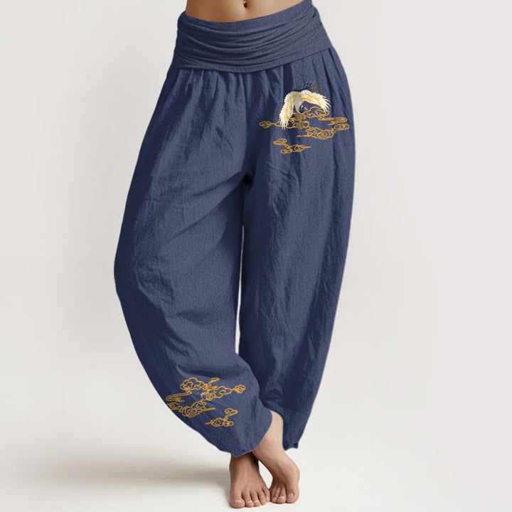 Pantaloni harem in cotone con elastico in vita, motivo Buddha Stones Plain Crane e nuvole di buon auspicio, da donna - DarkSlateBlue - US22, UK/AU26, EU54 (6XL) - image 8