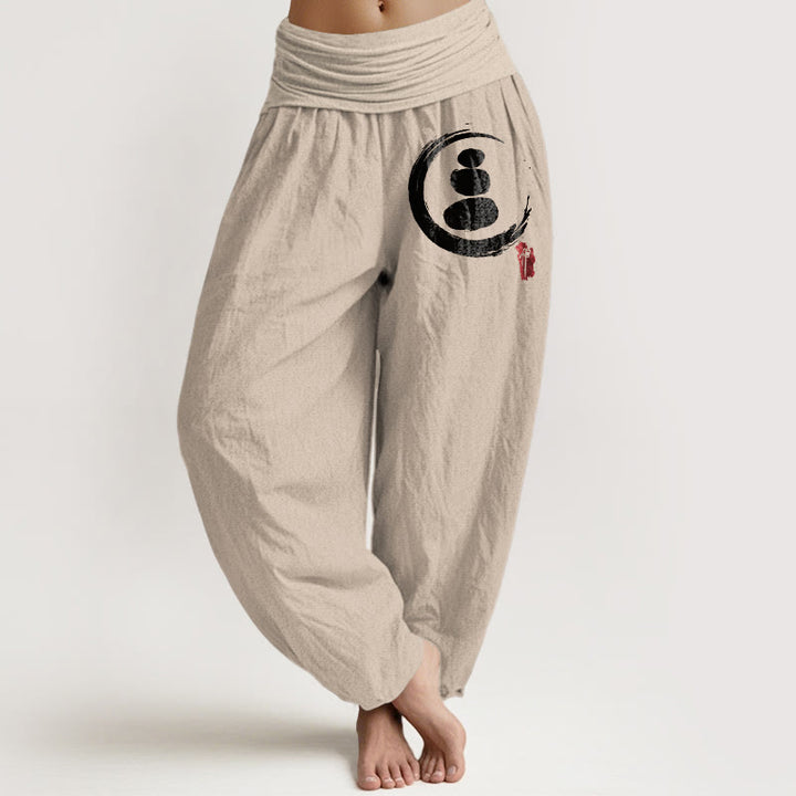 Pantaloni harem in cotone con elastico in vita e motivo a cerchio con pietre impilate Buddha Stones Ensō - Abbronzatura - US22, UK/AU26, EU54 (6XL) - image 14