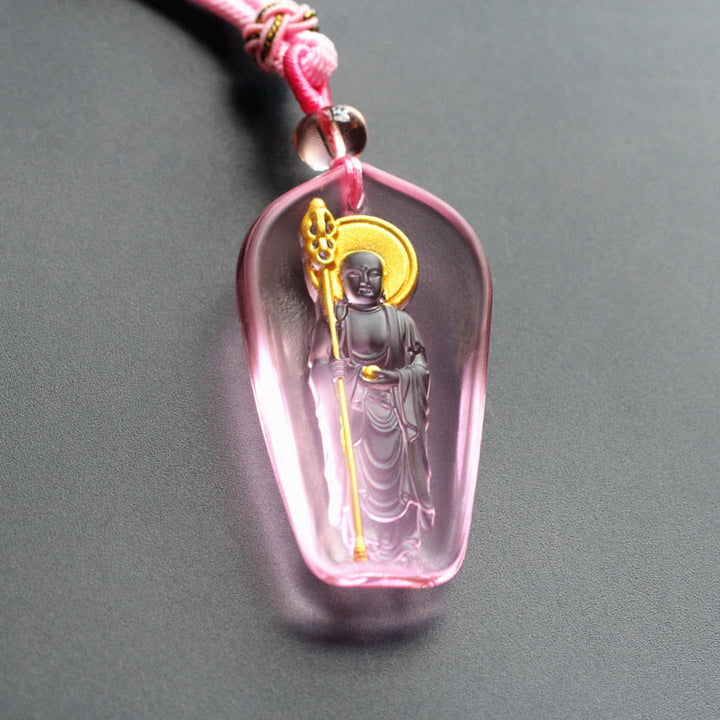 Buddha Stones Buddha tibetano Liuli Cristallo Ksitigarbha Bodhisattva Serenità Collana Ciondolo - Ksitigarbha con scettro e rosa - image 3
