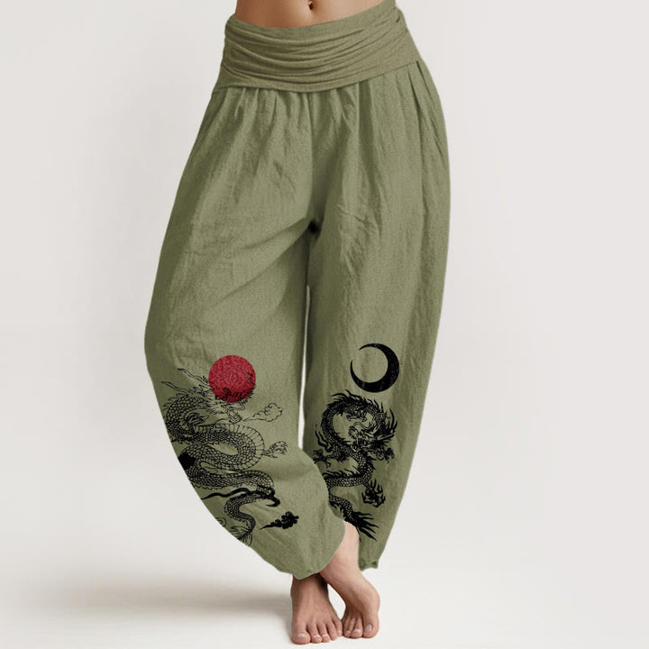 Pantaloni harem da donna con elastico in vita, in puro cotone, con motivo drago, sole e luna, motivo Buddha Stones - Verde oliva - US22, UK/AU26, EU54 (6XL) - image 14