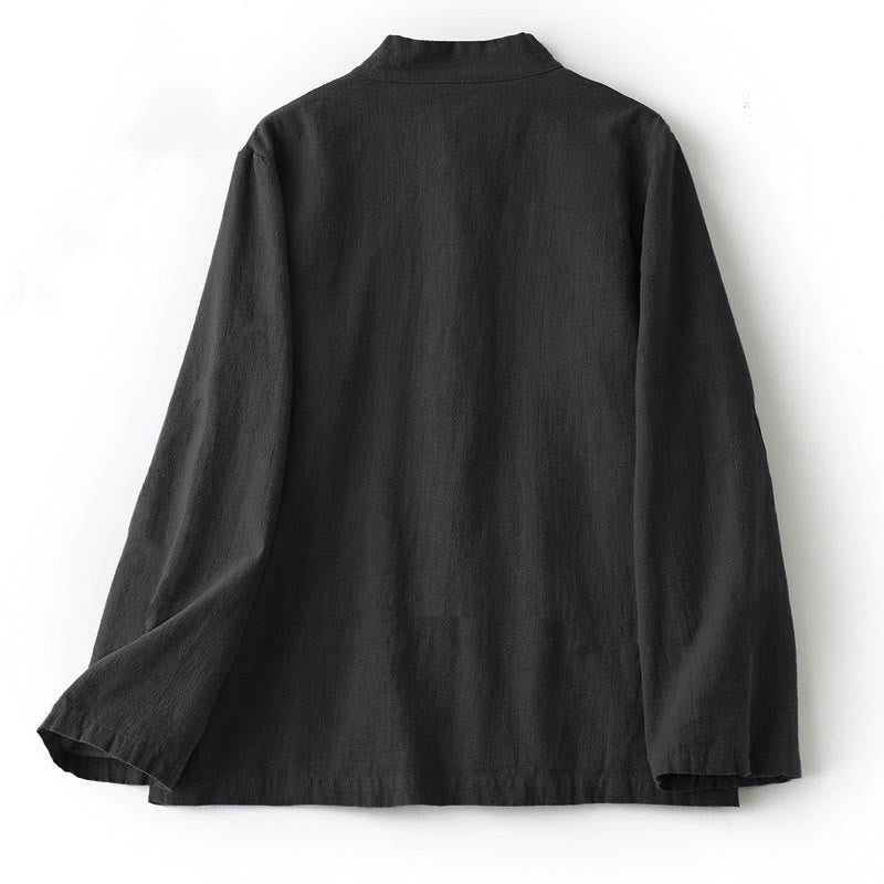 Camicia da donna in cotone con colletto rialzato, maniche lunghe, bottoni etnici a forma di rana, con tasche Buddha Stones - Nero - US12, UK/AU16, EU44 (2XL) - image 2