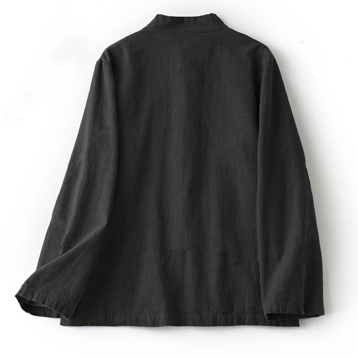 Camicia da donna in cotone con colletto rialzato, maniche lunghe, bottoni etnici a forma di rana, con tasche Buddha Stones - Nero - US12, UK/AU16, EU44 (2XL) - image 2