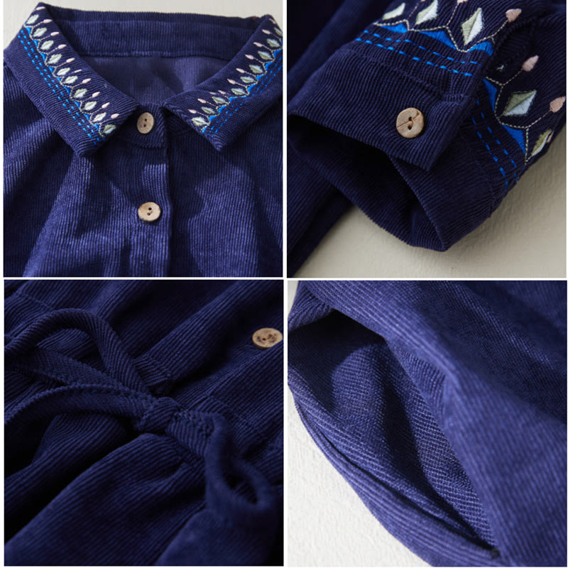 Abito midi a maniche lunghe con tasche, motivo floreale ricamato con Buddha Stones e lacci - image 12