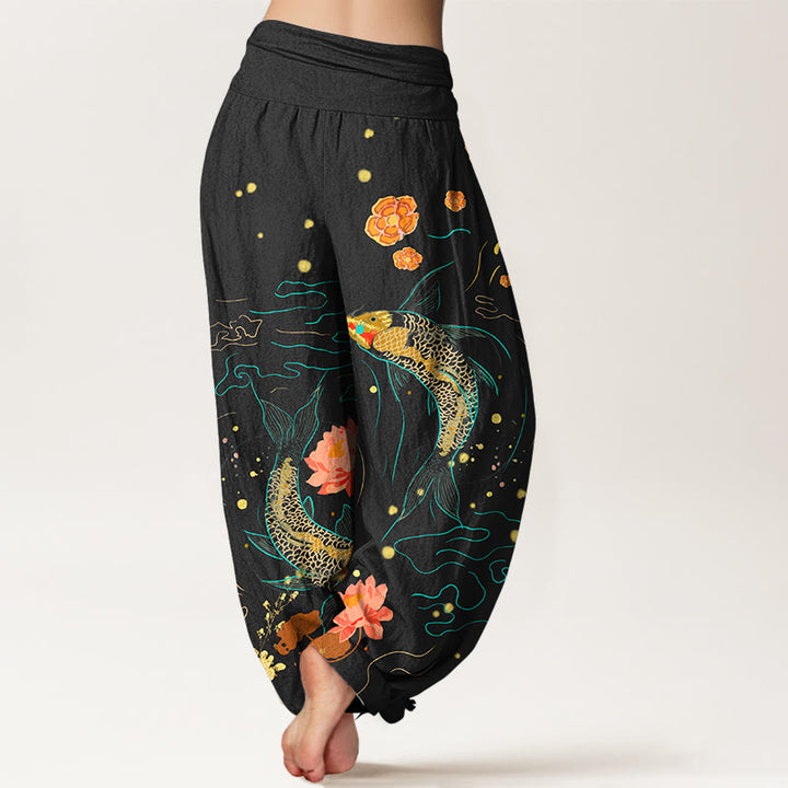 Pantaloni harem in puro cotone stampato con elastico in vita e motivo a pesce koi e pietre Buddha Stones - image 2