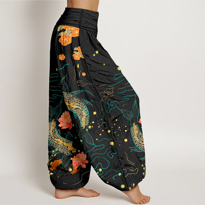Pantaloni harem in puro cotone stampato con elastico in vita e motivo a pesce koi e pietre Buddha Stones - image 1
