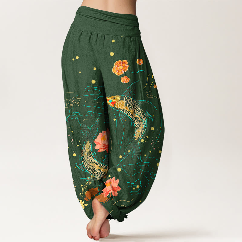 Pantaloni harem in puro cotone stampato con elastico in vita e motivo a pesce koi e pietre Buddha Stones - image 10