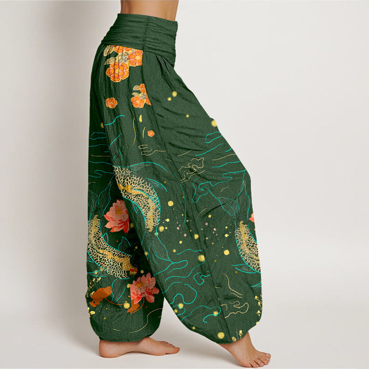 Pantaloni harem in puro cotone stampato con elastico in vita e motivo a pesce koi e pietre Buddha Stones - image 9