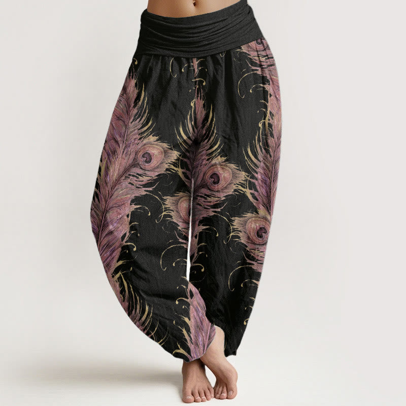 Pantaloni harem da donna con elastico in vita, in puro cotone con motivo fenice brillante, Buddha Stones - Nero - US22, UK/AU26, EU54 (6XL) - image 0