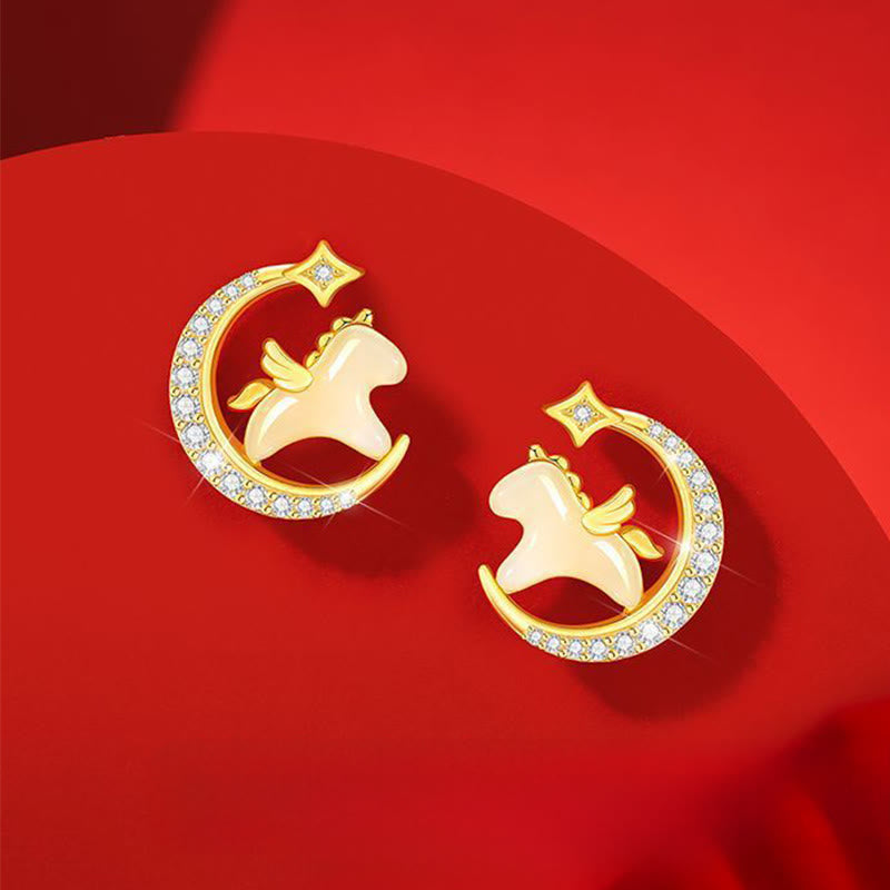 Orecchini Buddha Stones Anno del Cavallo Giada Hetian Argento Sterling 925 Zircone Luna Abbondanza - Giada e argento sterling 925 e zircone (perni in argento sterling 925) - image 0